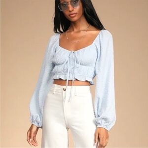 Lulu's Blue Puff Sleeve Crop Top with Tie Front